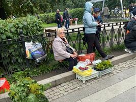 Ja, so kennen wir die Straßen von Sankt Petersburg. Kleinsthändler verkaufen Erzeugnisse aus Ihrem Garten
